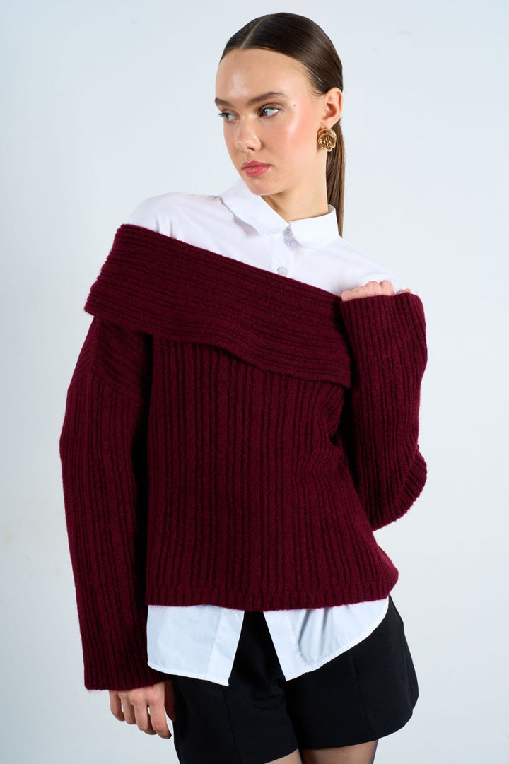 Off-Shoulder Rib Knit Jumper – Burgundy