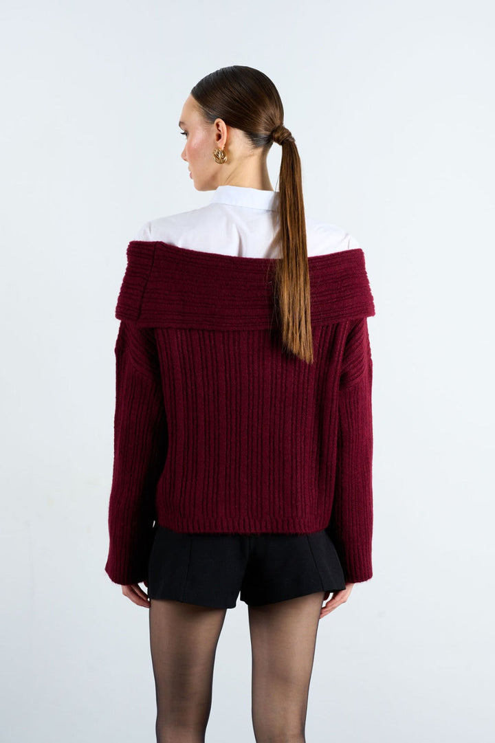 Off-Shoulder Rib Knit Jumper – Burgundy