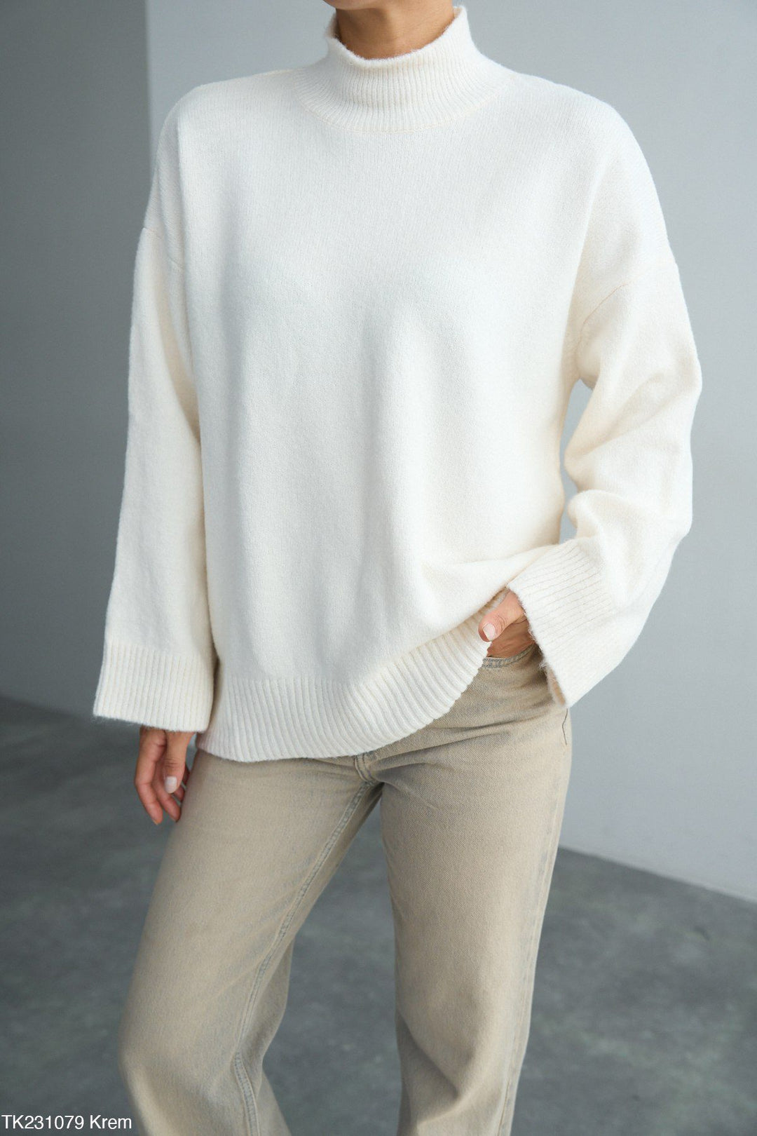 Oversized Soft Knit Mock-Neck Jumper – Cream - jqwholesale.com