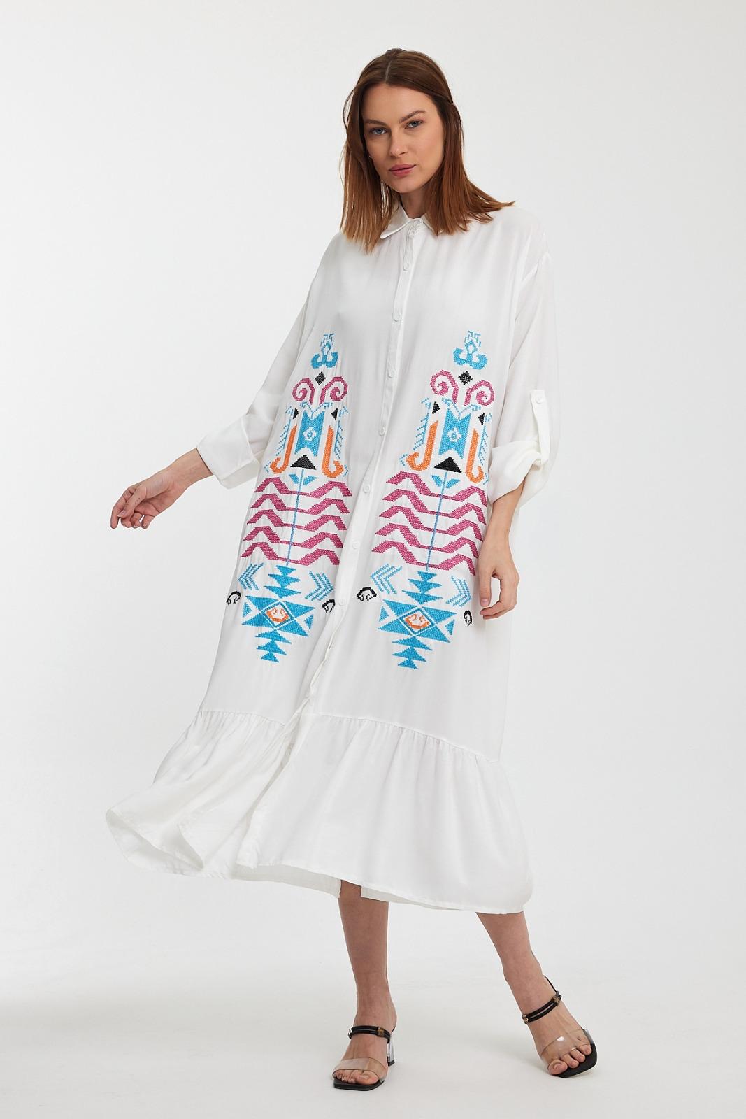 Embroidered Tiered Midi Dress with Button-Through Front in White