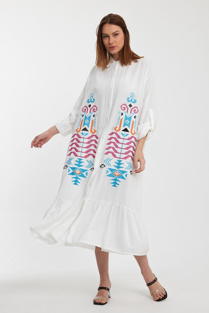 Embroidered Tiered Midi Dress with Button-Through Front in White