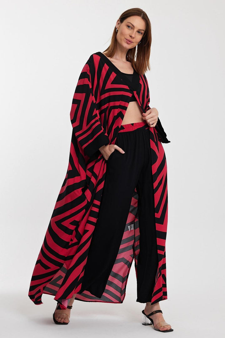Geometric Print Maxi Trousers & Long Kimono Set in Pink
