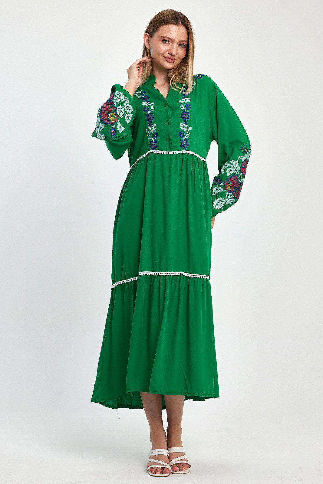 Embroidered Midi Dress with Contrast Floral Detail in Green