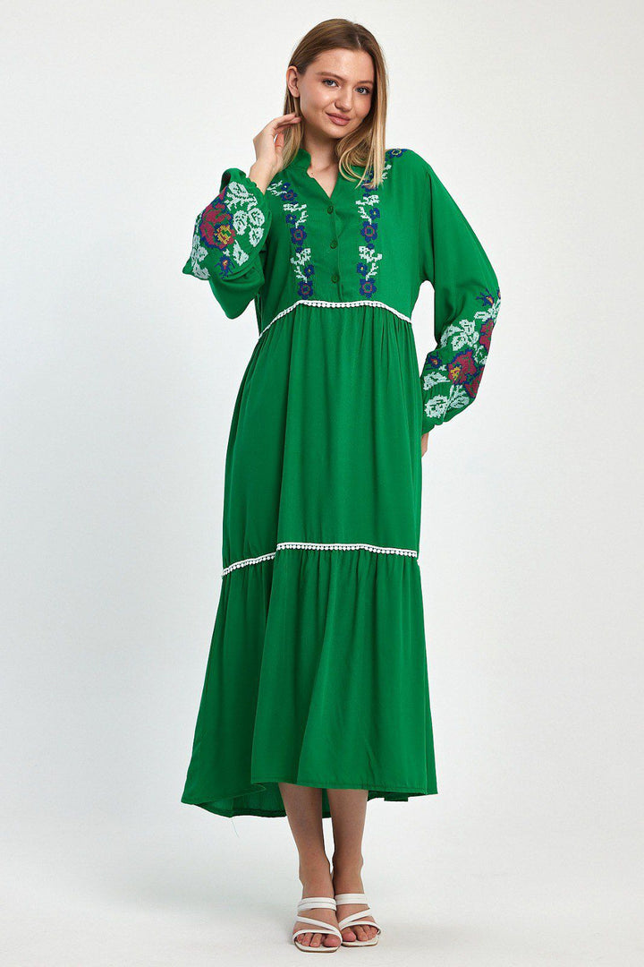 Embroidered Midi Dress with Contrast Floral Detail in Green