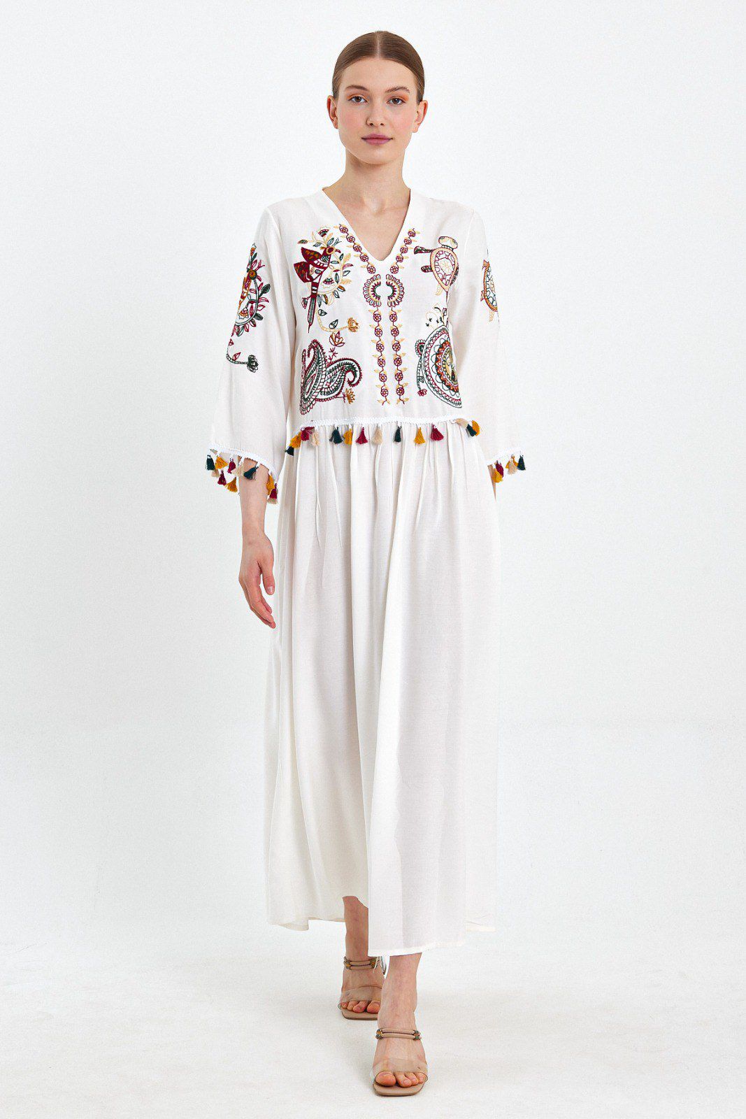 Embroidered Tiered Midi Dress with V-Neck Design in White