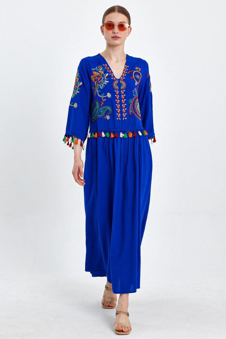 Embroidered Tiered Midi Dress with V-Neck Design in Blue
