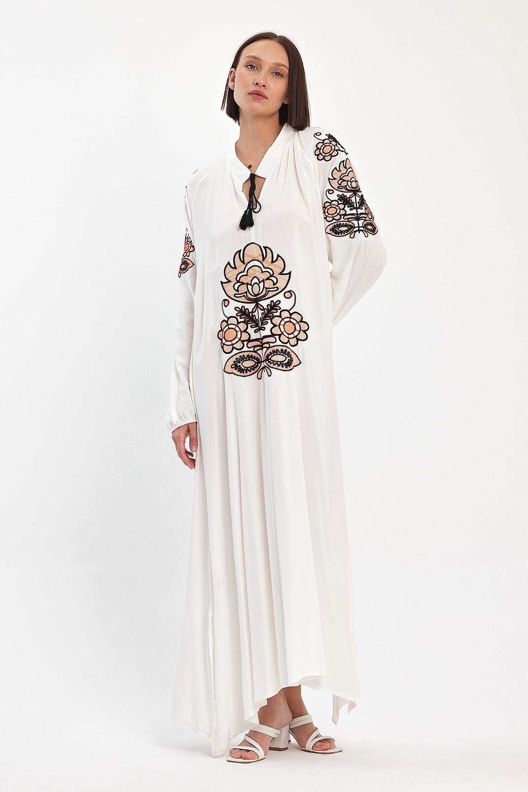 Embroidered Maxi Dress with Tie Neck Detail in White