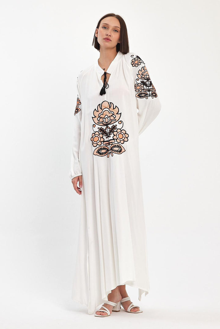 Embroidered Maxi Dress with Tie Neck Detail in White