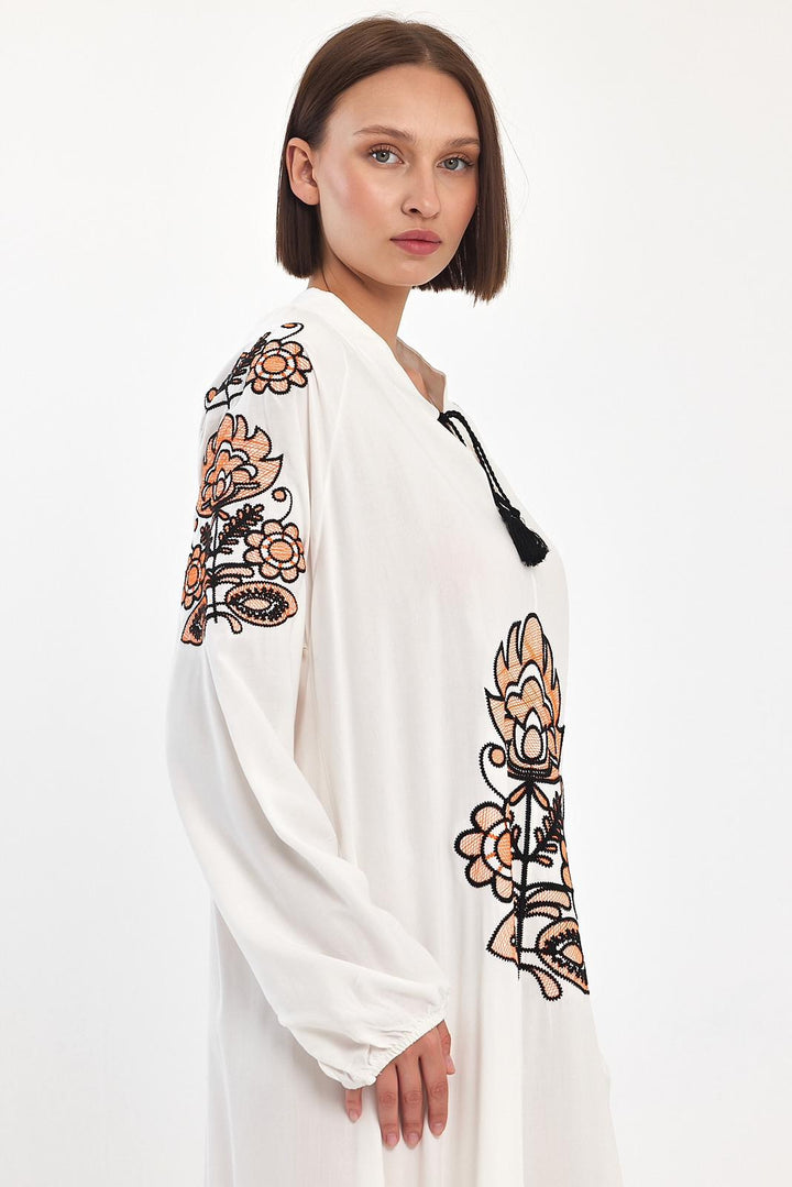 Embroidered Maxi Dress with Tie Neck Detail in White