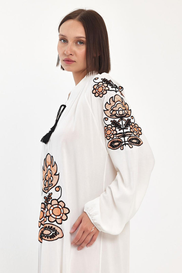 Embroidered Maxi Dress with Tie Neck Detail in White