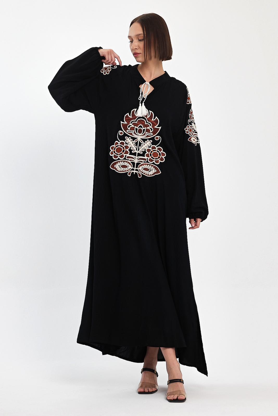 Embroidered Maxi Dress with Tie Neck Detail in Black