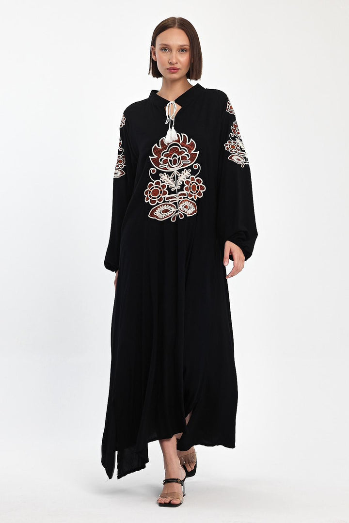 Embroidered Maxi Dress with Tie Neck Detail in Black
