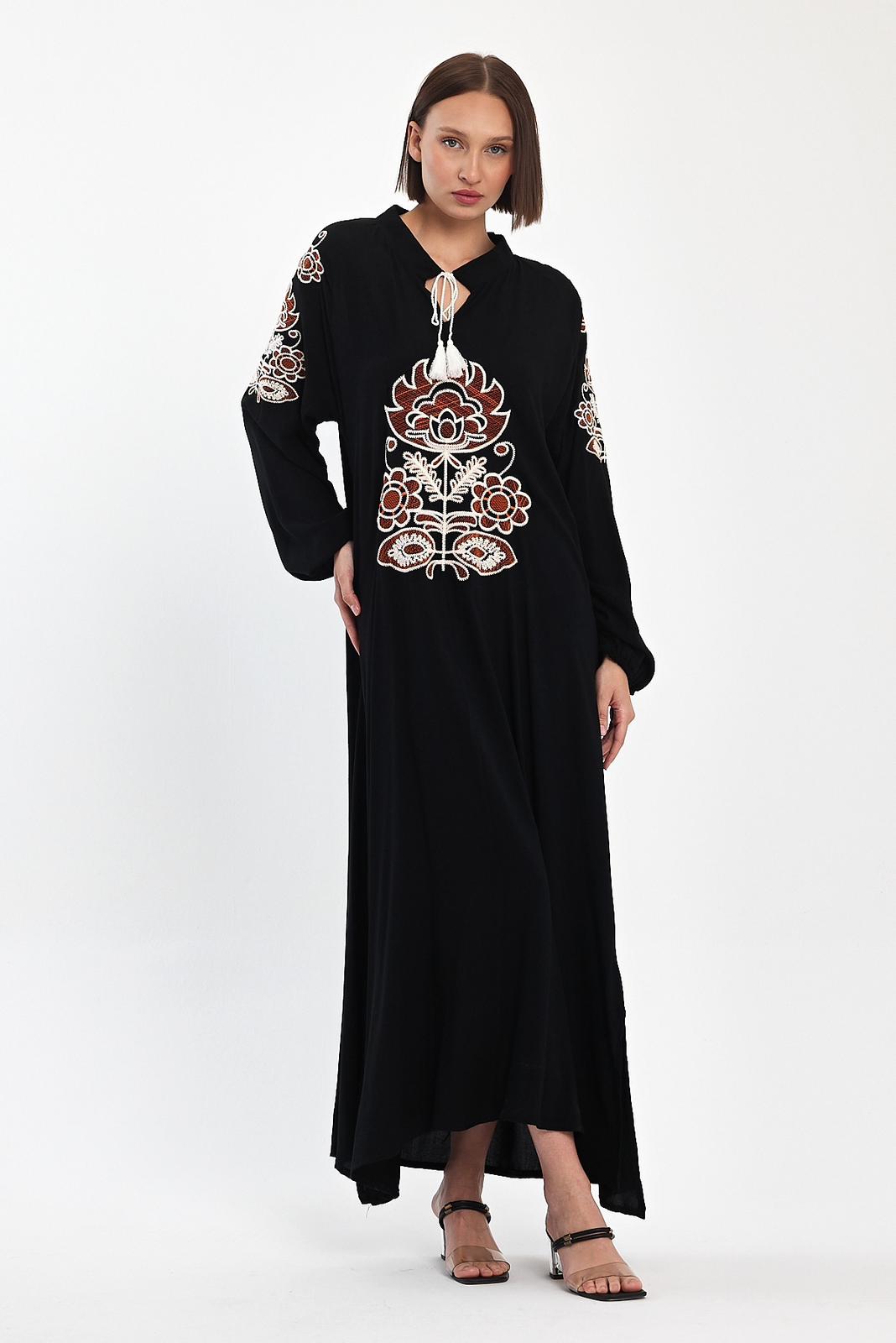 Embroidered Maxi Dress with Tie Neck Detail in Black