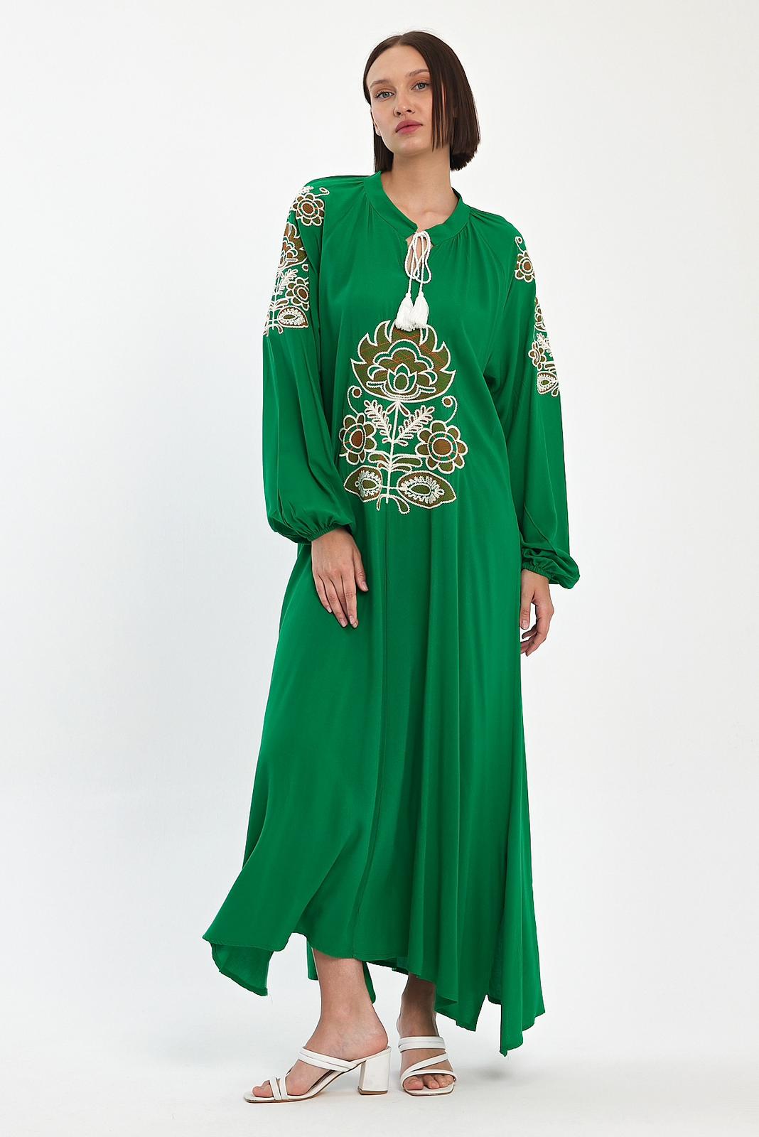 Embroidered Maxi Dress with Tie Neck Detail in Green
