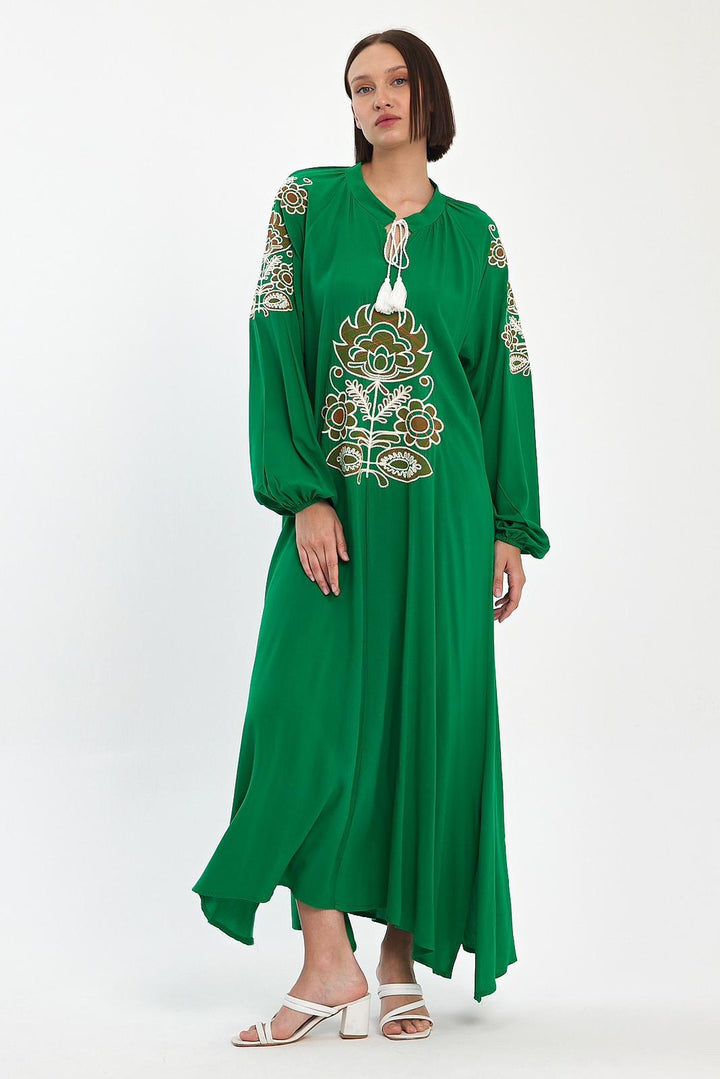 Embroidered Maxi Dress with Tie Neck Detail in Green