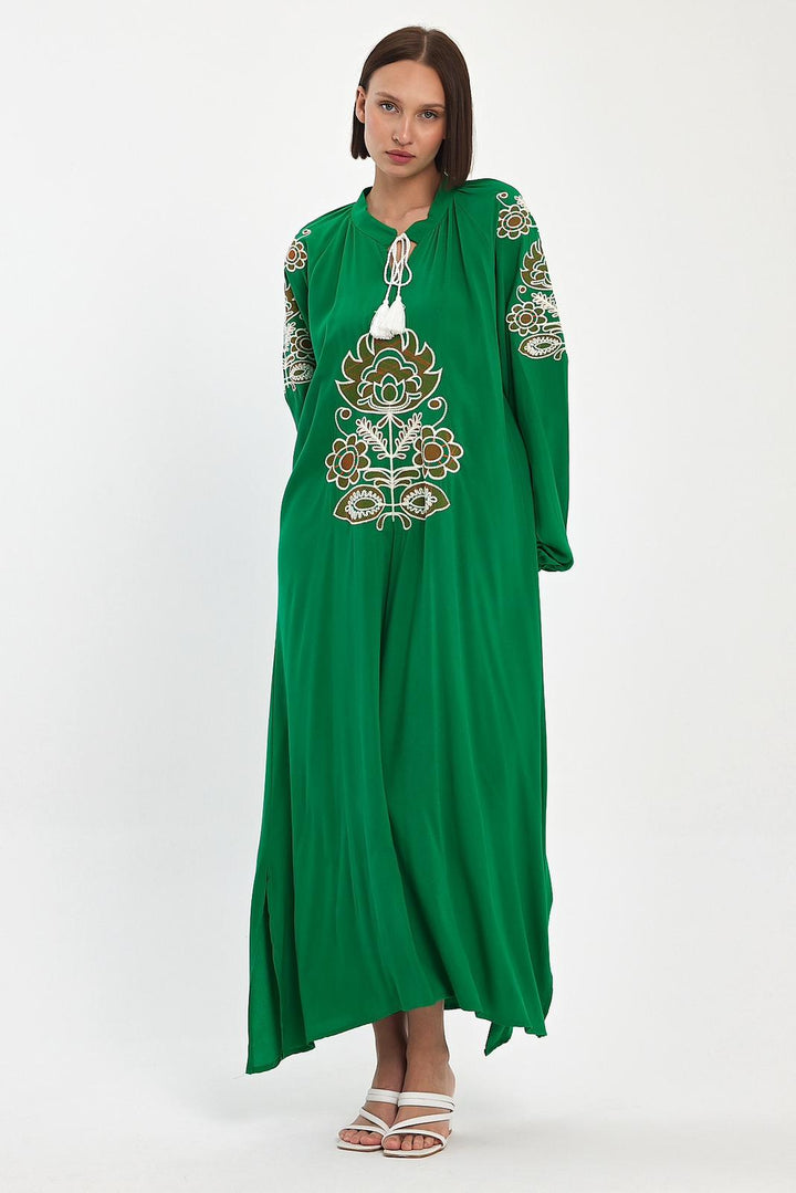 Embroidered Maxi Dress with Tie Neck Detail in Green