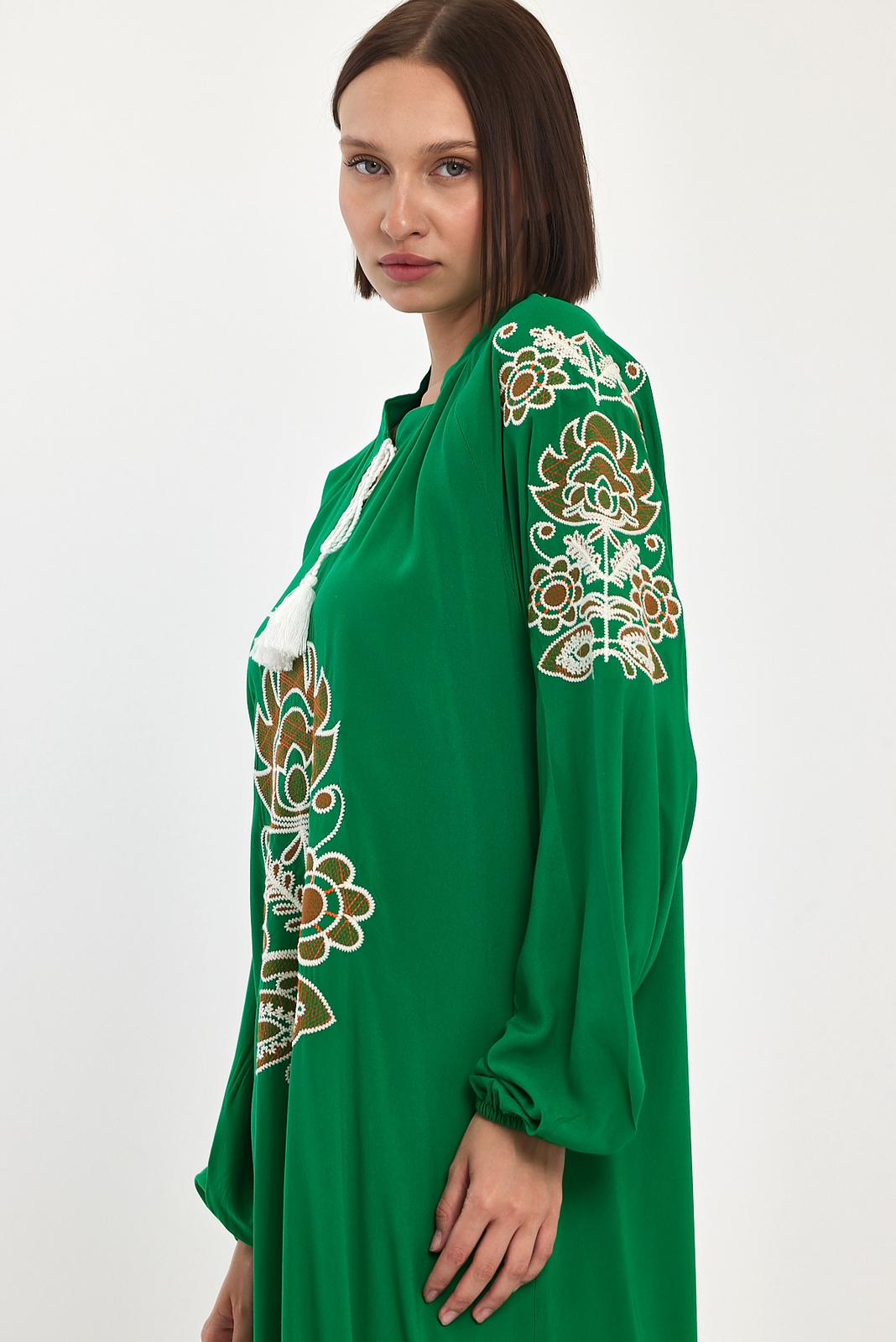 Embroidered Maxi Dress with Tie Neck Detail in Green