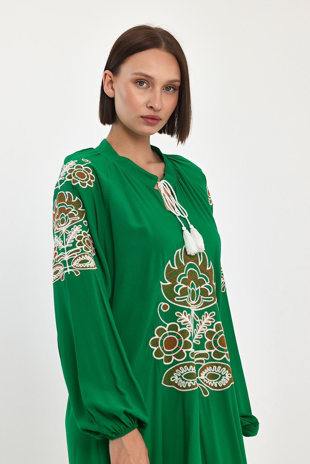 Embroidered Maxi Dress with Tie Neck Detail in Green