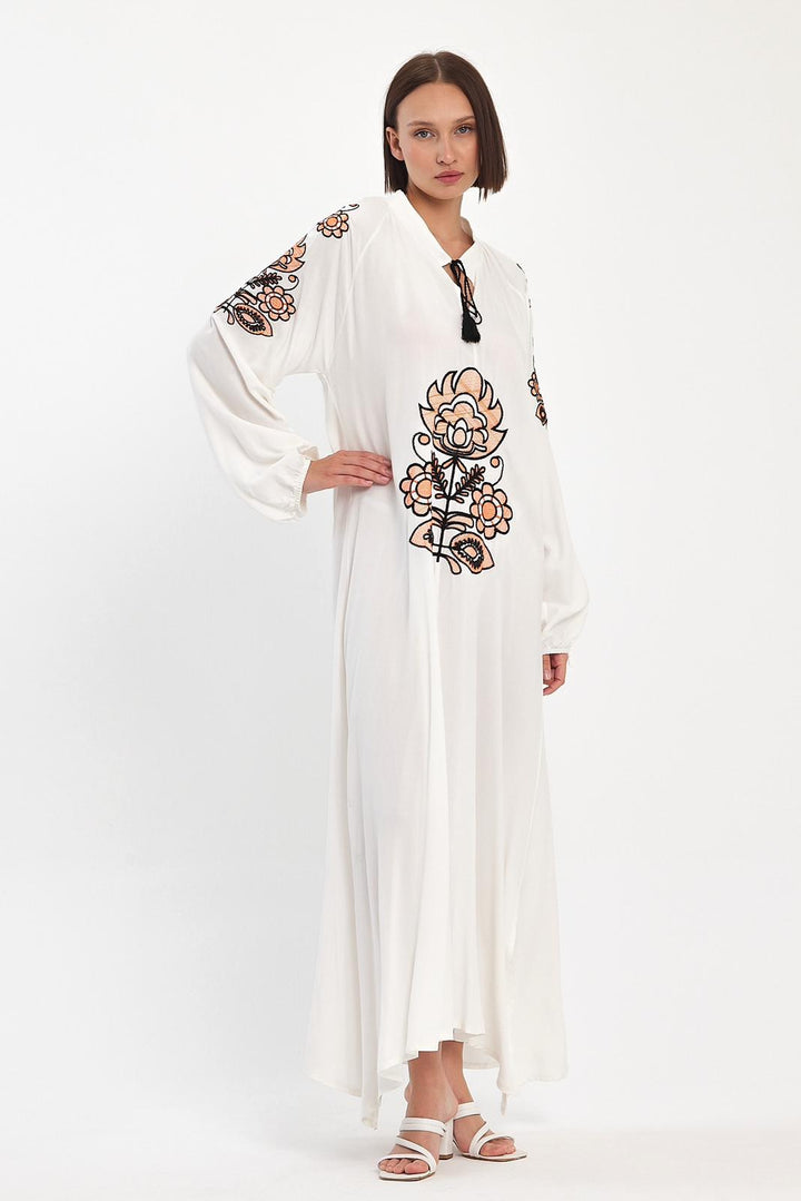 Embroidered Maxi Dress with Tie Neck Detail in White