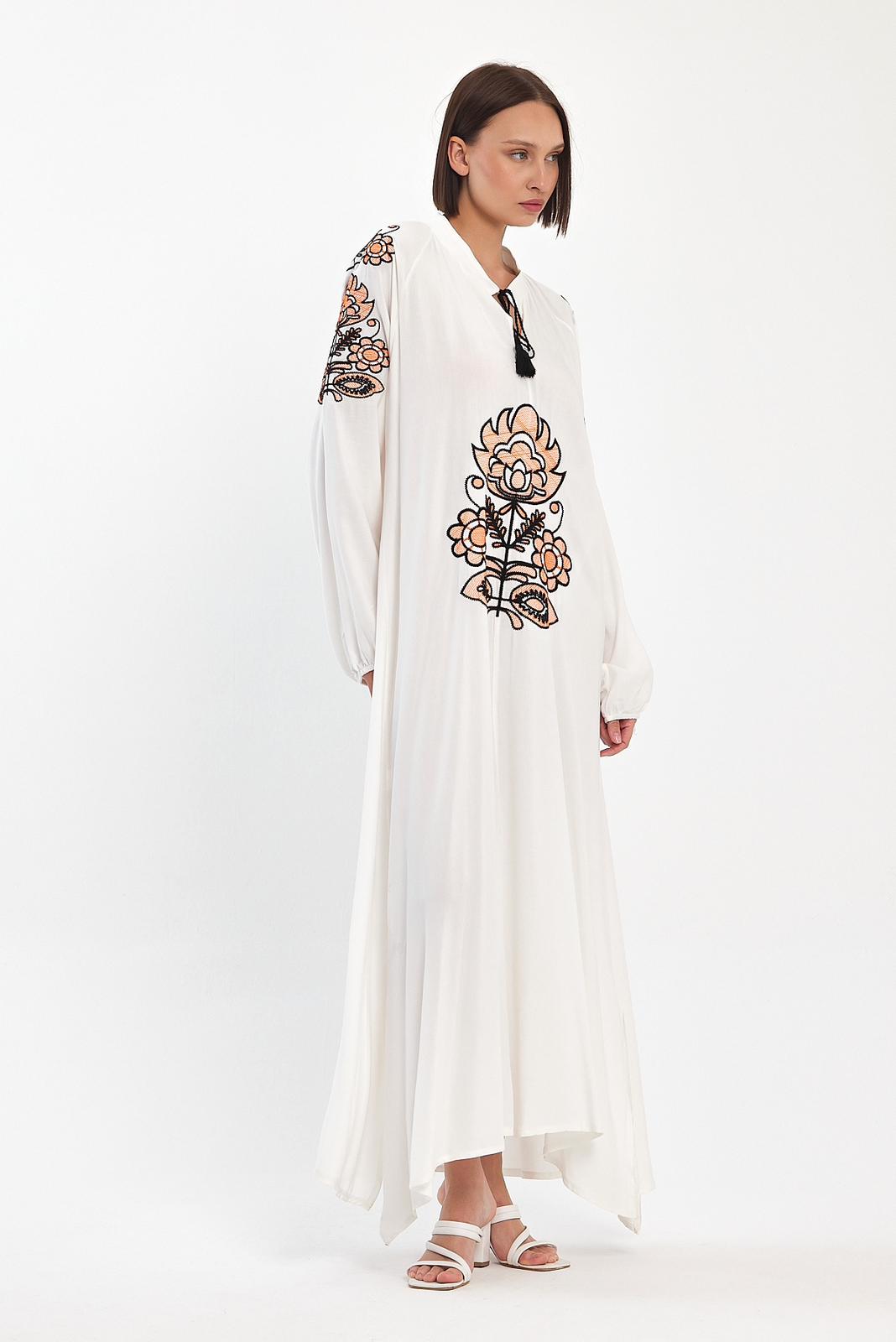 Embroidered Maxi Dress with Tie Neck Detail in White