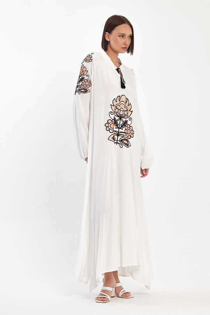 Embroidered Maxi Dress with Tie Neck Detail in White