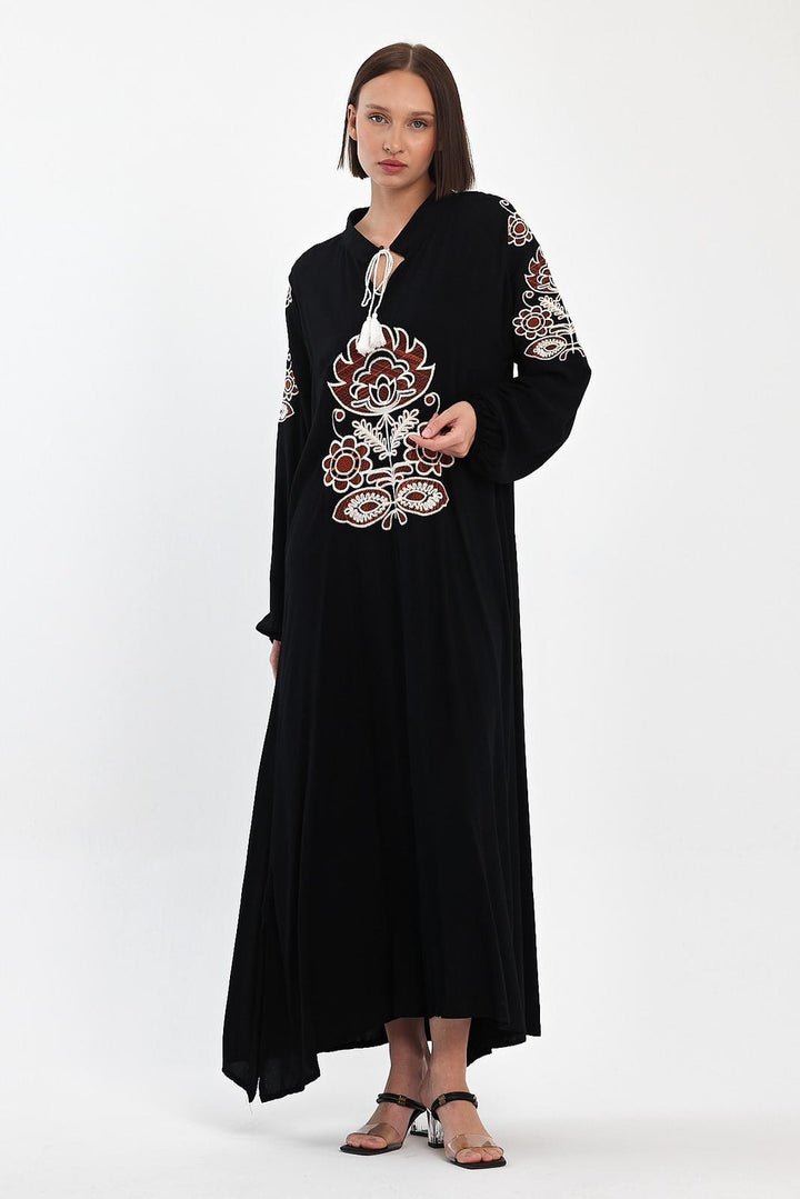 Embroidered Maxi Dress with Tie Neck Detail in Black