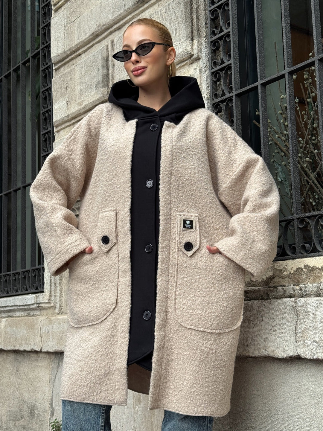 Oversized Hooded Teddy Coat with Pockets in Beige