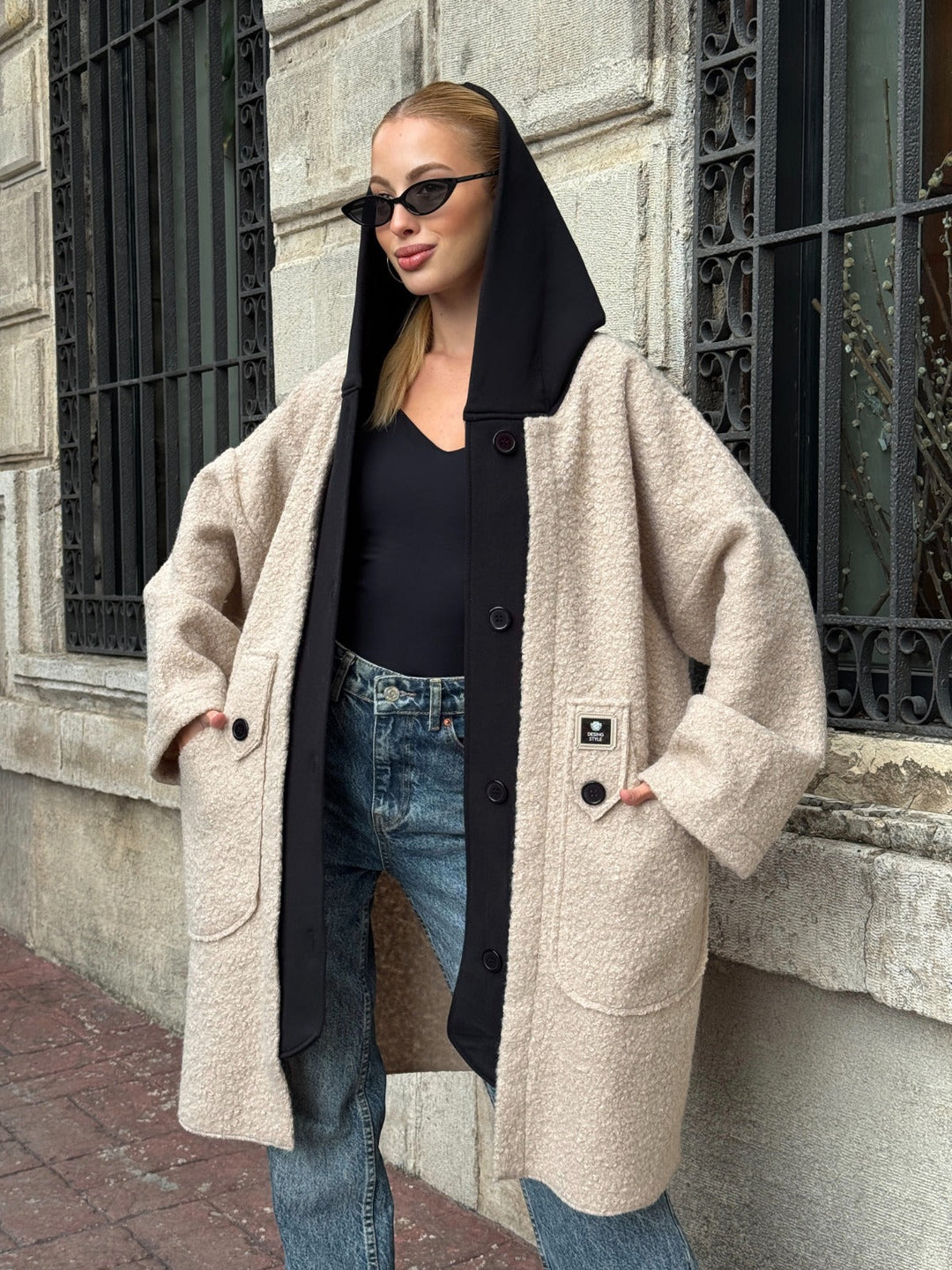 Oversized Hooded Teddy Coat with Pockets in Beige