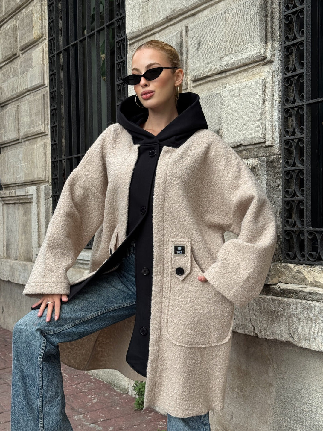 Oversized Hooded Teddy Coat with Pockets in Beige - jqwholesale.com