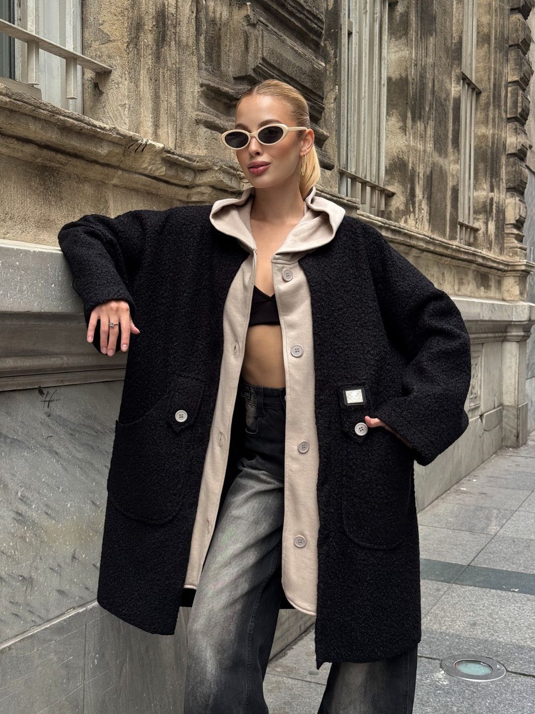 Oversized Hooded Teddy Coat with Pockets in Black