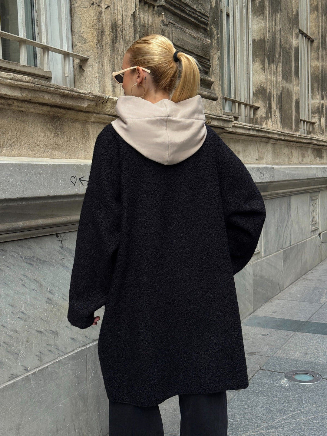 Oversized Hooded Teddy Coat with Pockets in Black