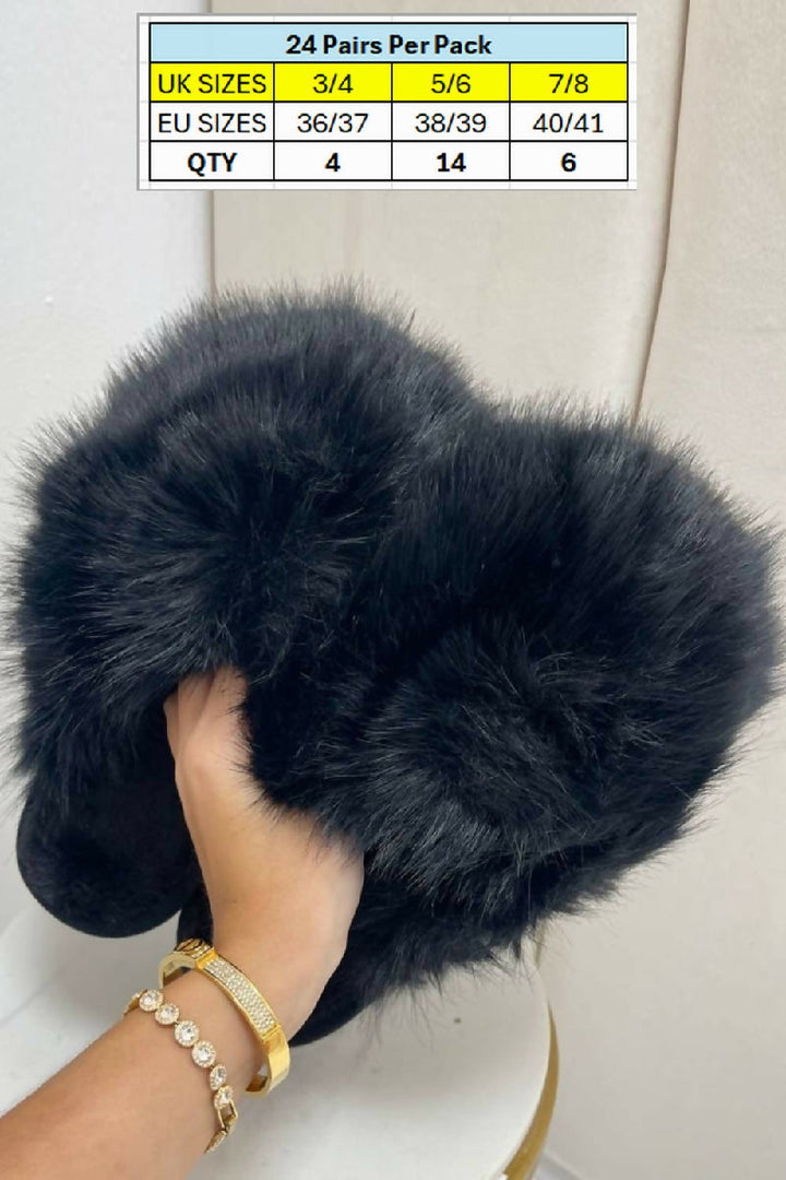 EXTREME COSY OVERSIZED BLACK FLUFFY FUR WINTER SLIPPERS (PACK OF 24 PAIRS UK3-UK8) - jqwholesale.com