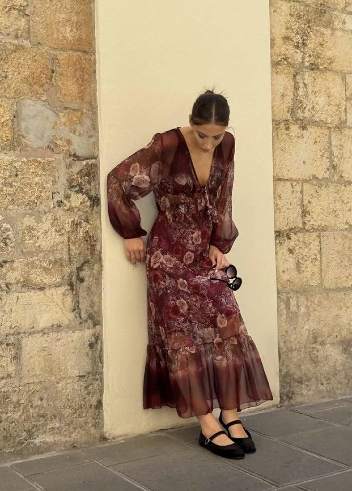 Floral Chiffon Maxi Dress with Ruffle Detail