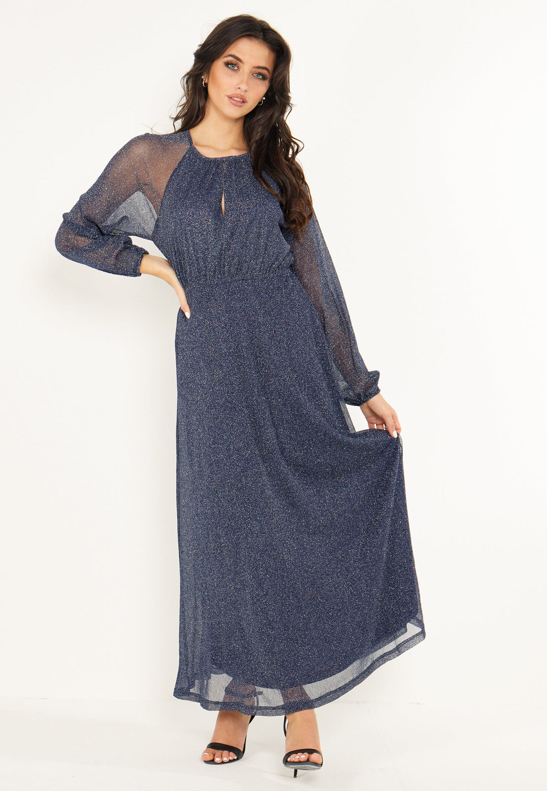 (4P. PACK) Long Sleeve Chiffon Maxi Dress Gold Lurex Flecking in Blue - jqwholesale.com