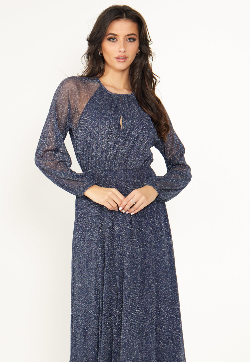 (4P. PACK) Long Sleeve Chiffon Maxi Dress Gold Lurex Flecking in Blue - jqwholesale.com