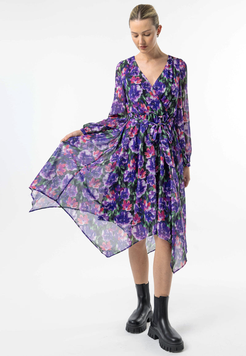Faux Wrap Bias Hem Midi Dress in Purple Floral Print - ANGELEYE