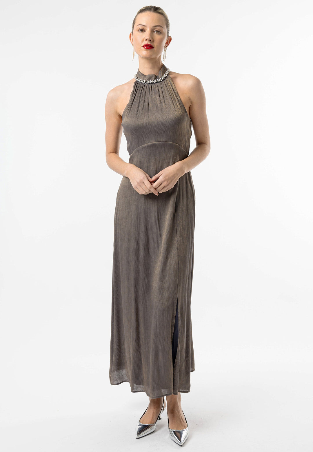 (5P. PACK) Beaded Halterneck Cocktail Dress in Brown - jqwholesale.com