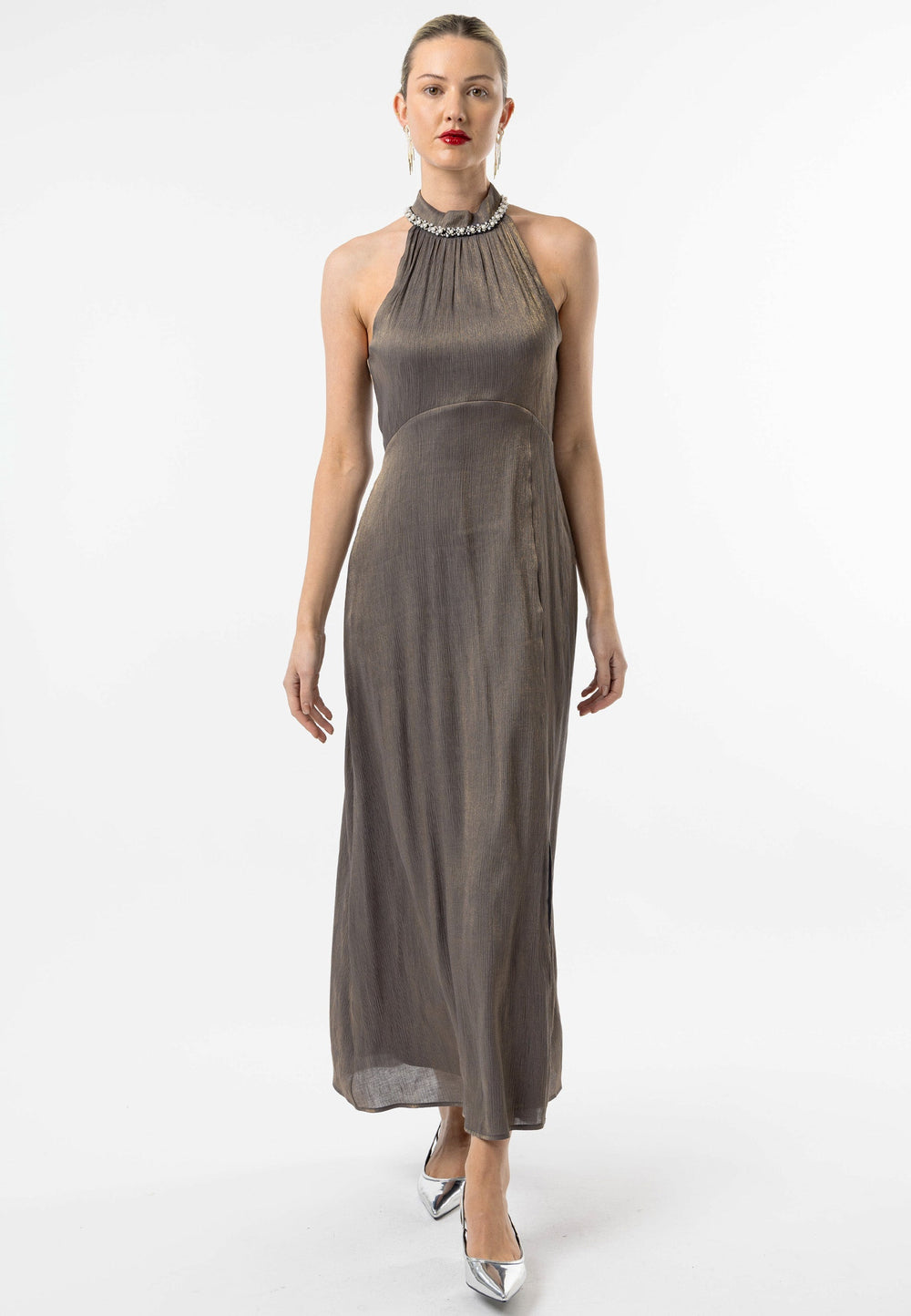 (5P. PACK) Beaded Halterneck Cocktail Dress in Brown - jqwholesale.com
