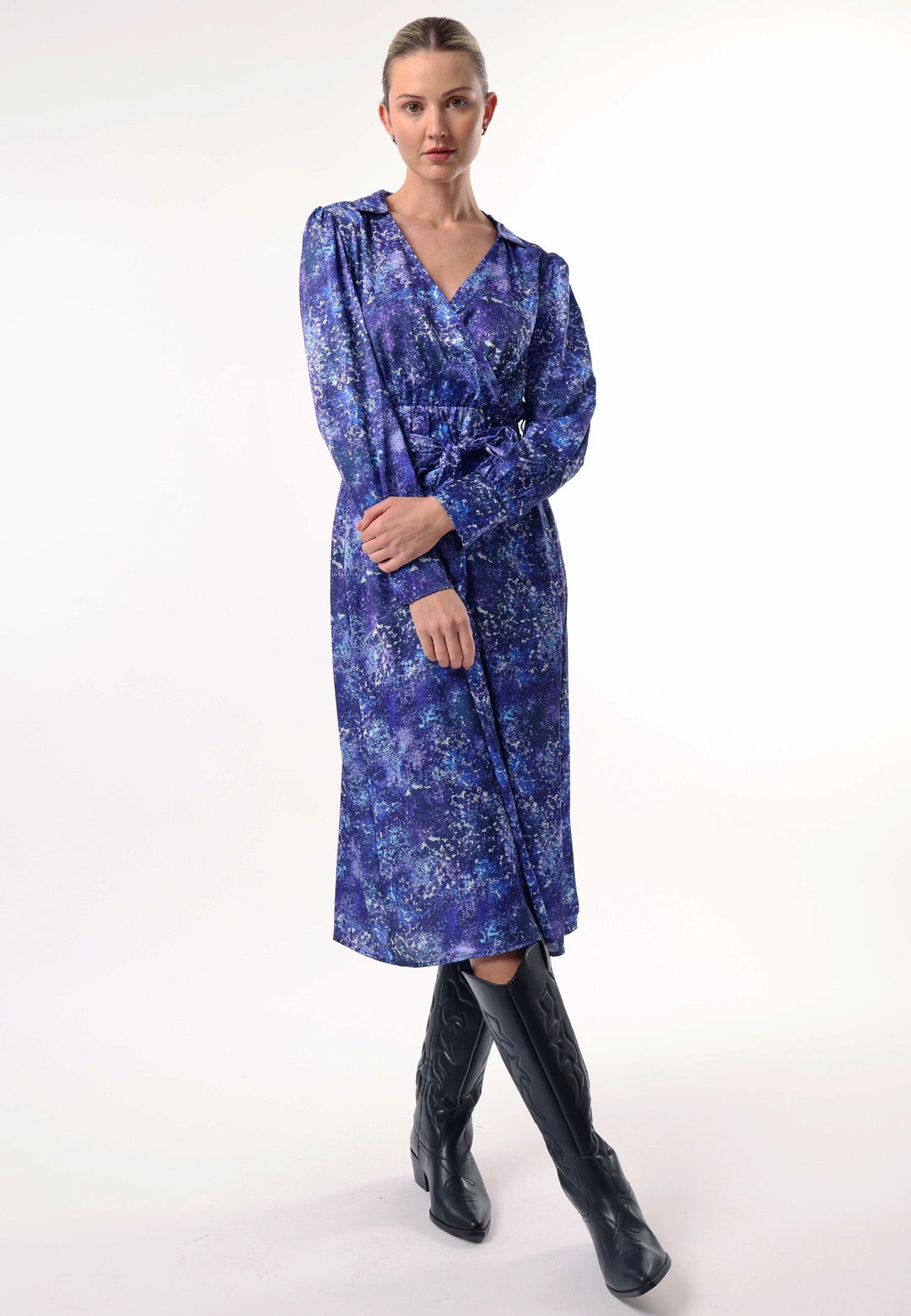 Collared Faux Wrap Midi Dress with Tie Waist in Blue Multi Print - jqwholesale.com
