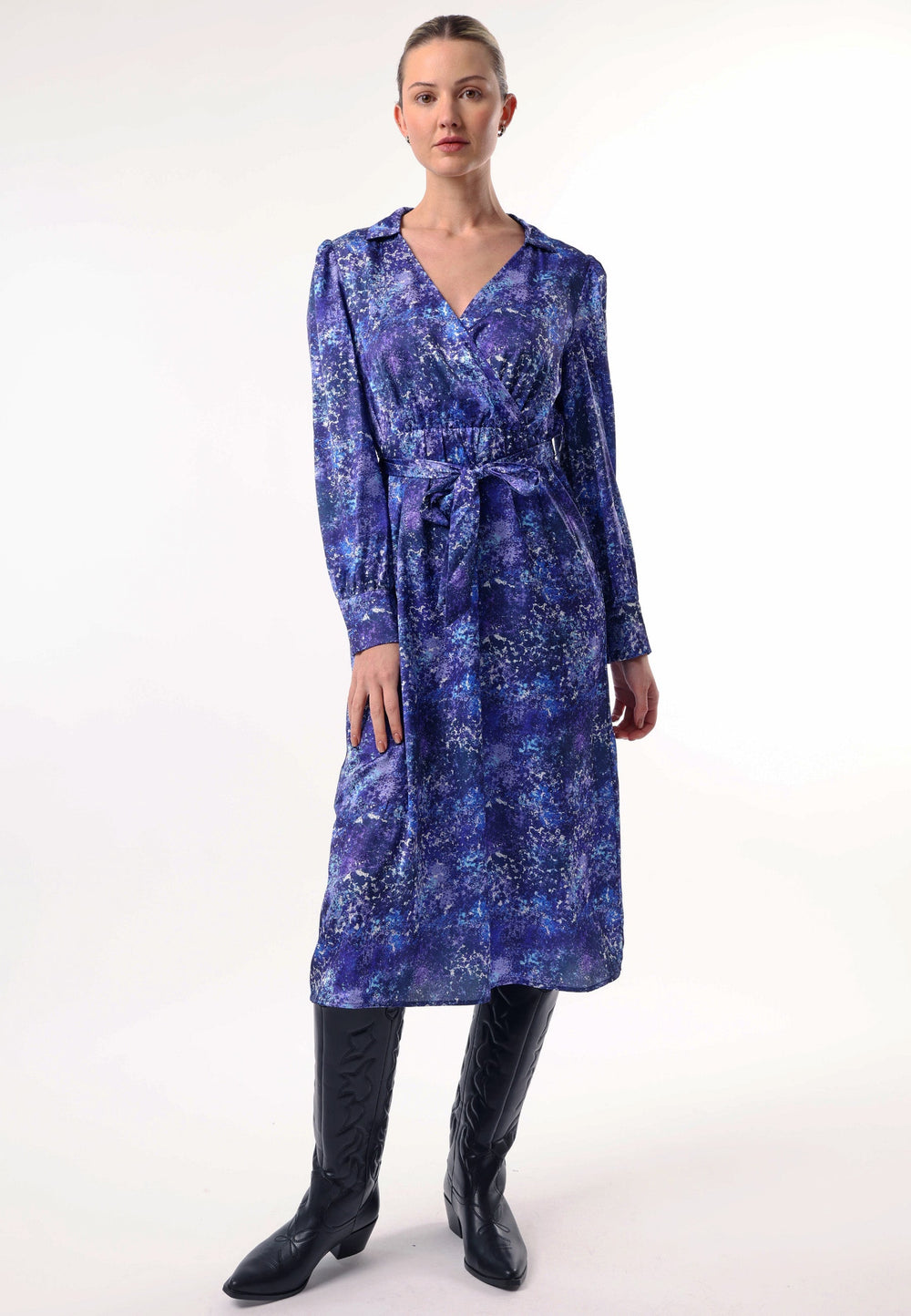Collared Faux Wrap Midi Dress with Tie Waist in Blue Multi Print - jqwholesale.com
