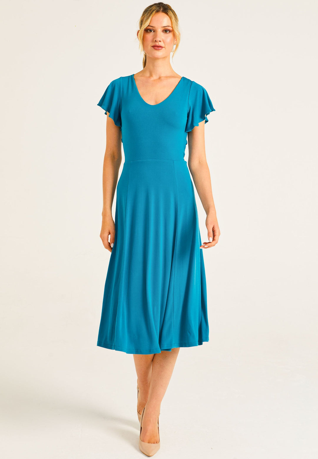 Reversible Midi Dress With Flutter Sleeves & Waist Tie In Teal - jqwholesale.com