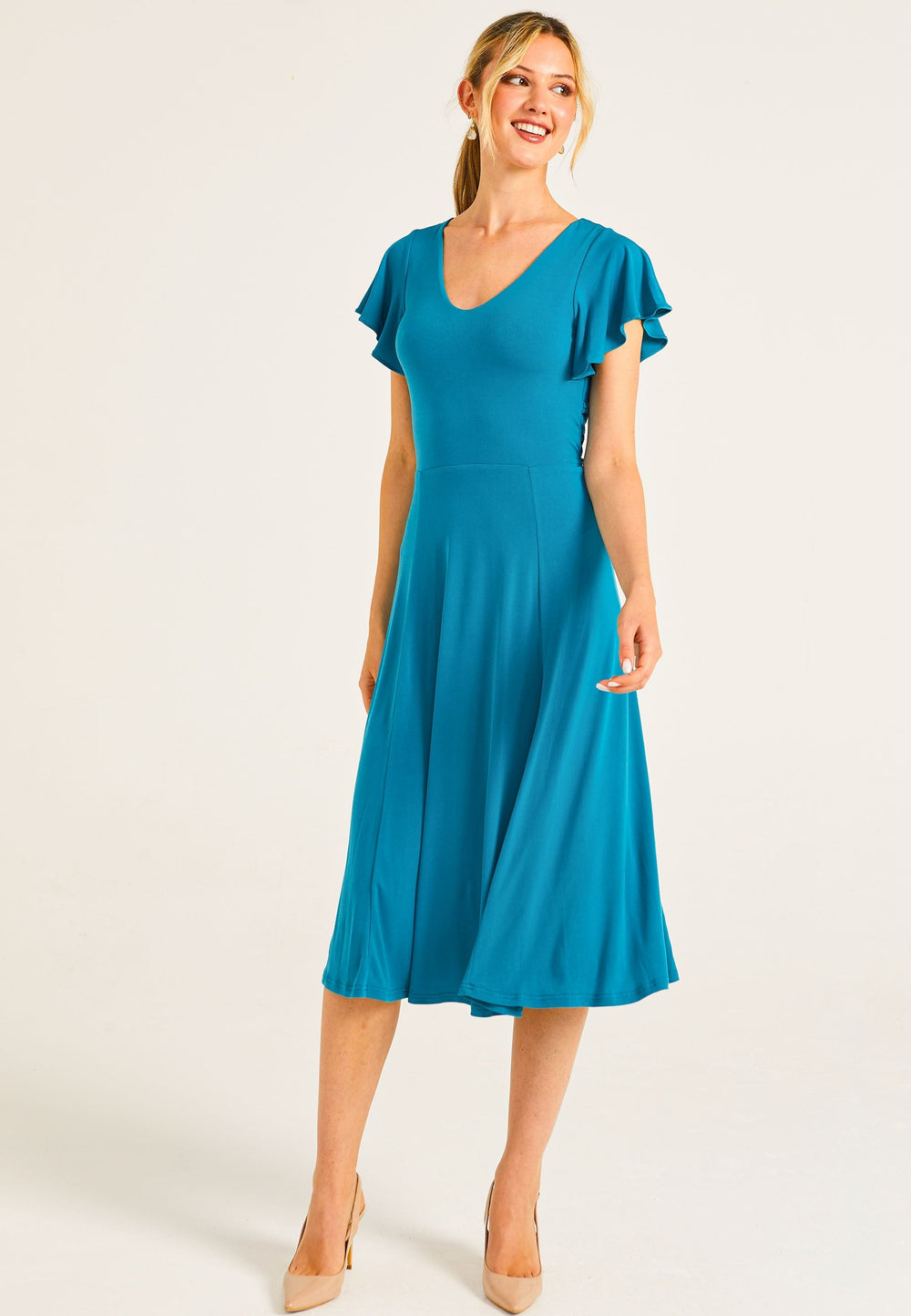 Reversible Midi Dress With Flutter Sleeves & Waist Tie In Teal - jqwholesale.com