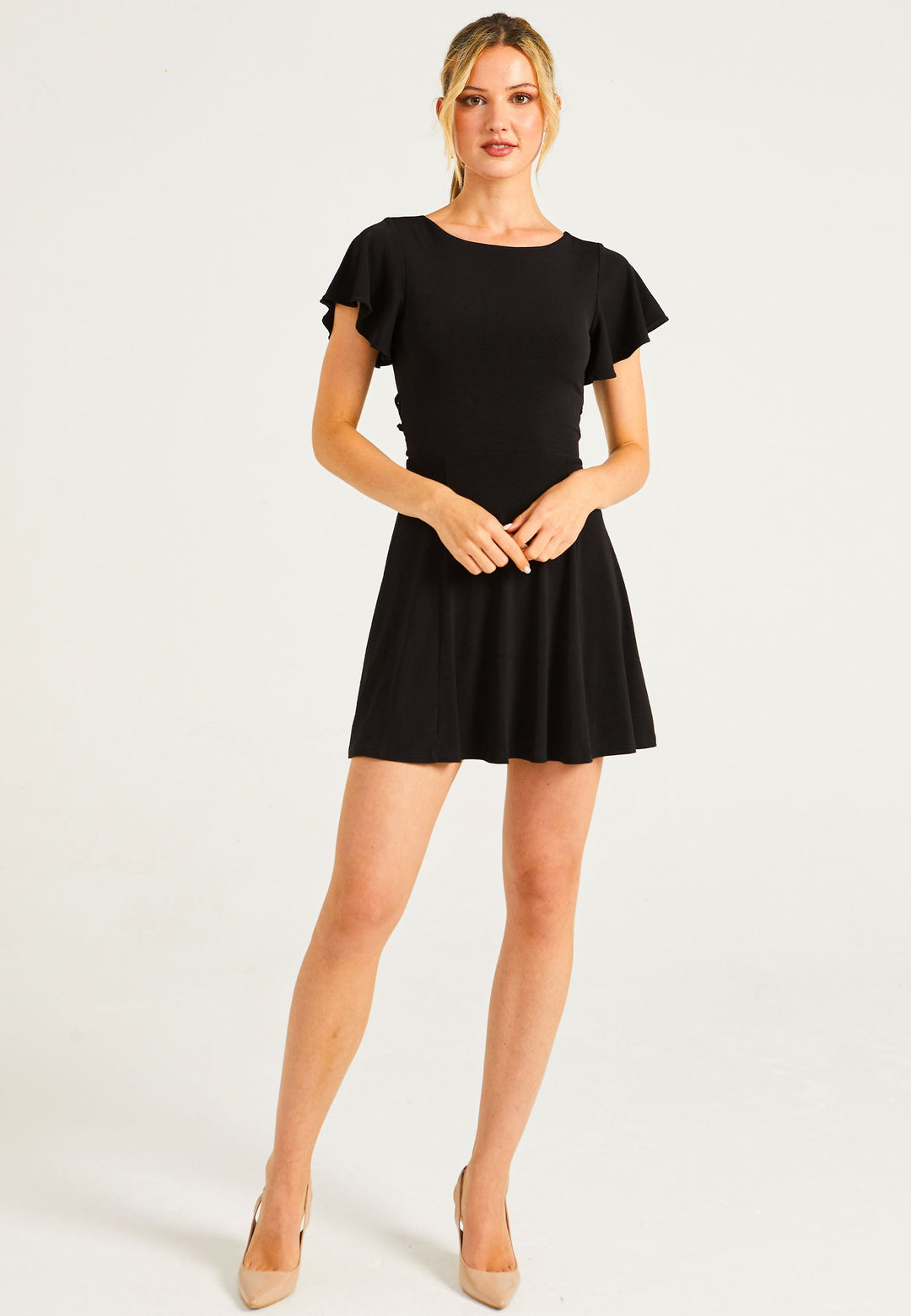 Reversible Mini Dress With Flutter Sleeves & Waist Tie In Black - jqwholesale.com