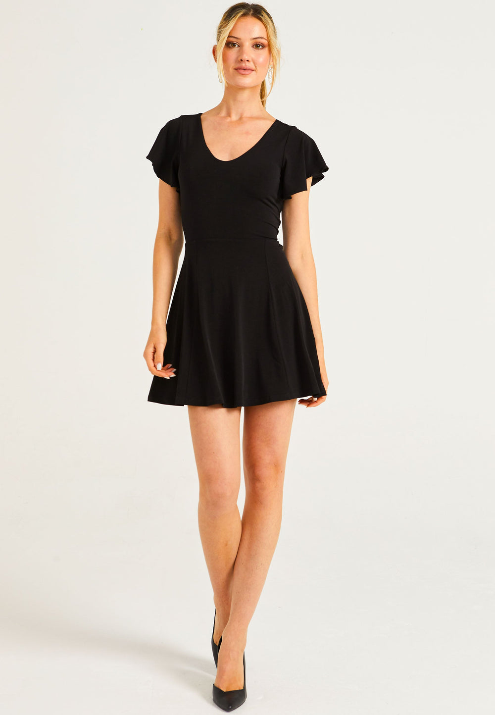 Reversible Mini Dress With Flutter Sleeves & Waist Tie In Black - jqwholesale.com