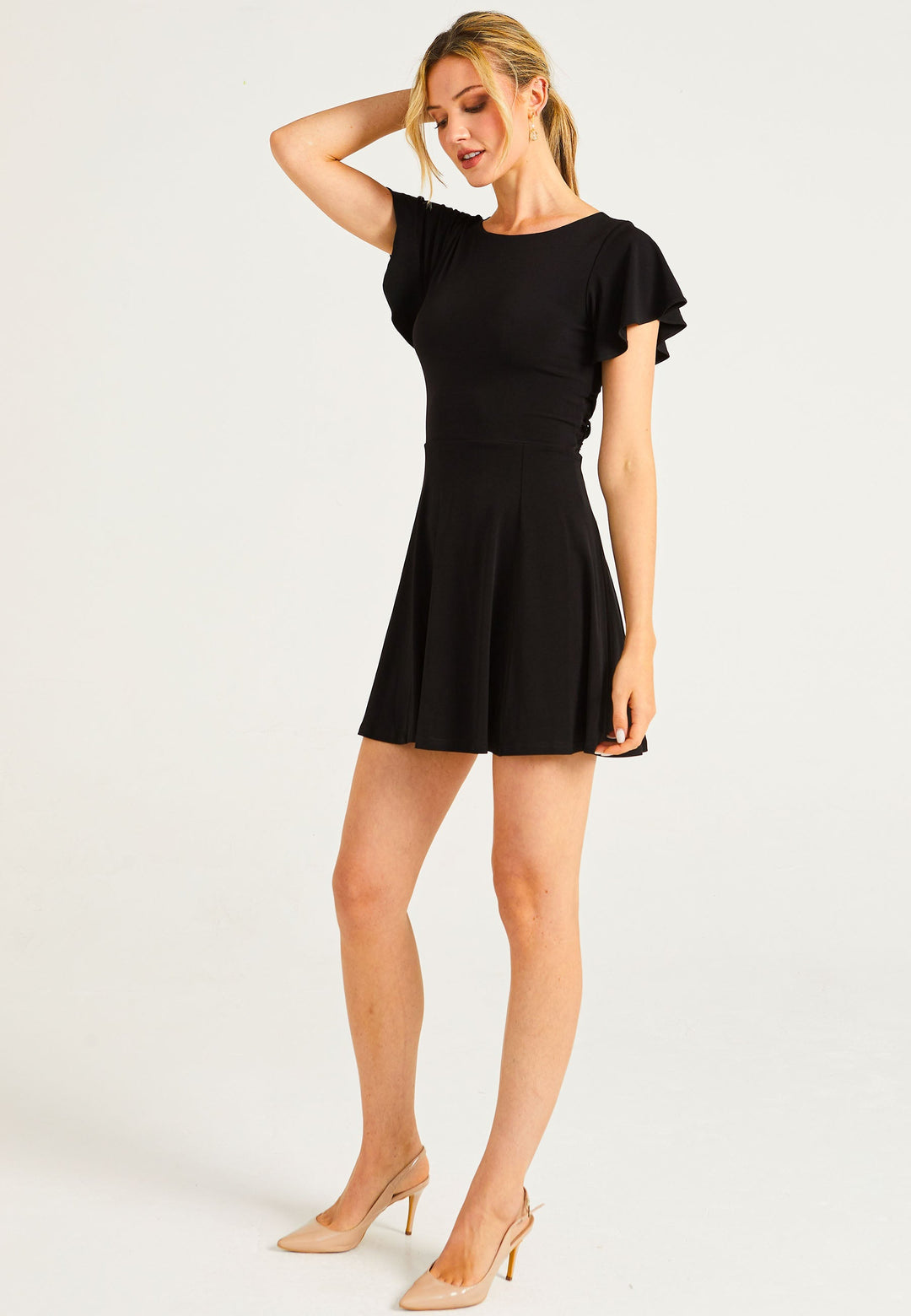 Reversible Mini Dress With Flutter Sleeves & Waist Tie In Black - jqwholesale.com