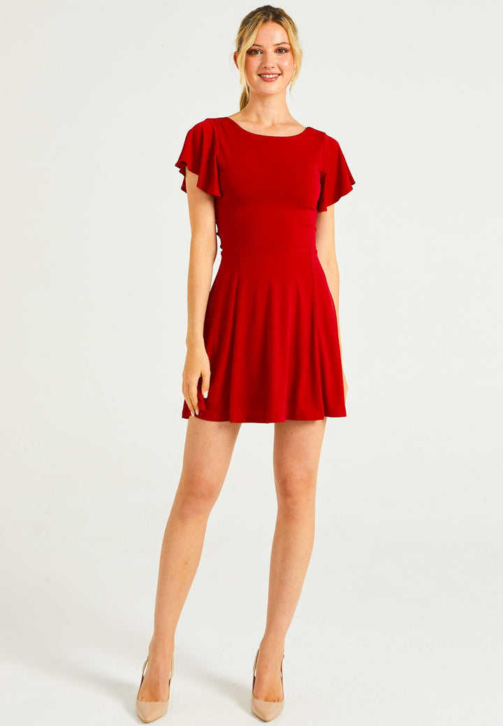 Reversible Mini Dress With Flutter Sleeves & Waist Tie In Red - jqwholesale.com