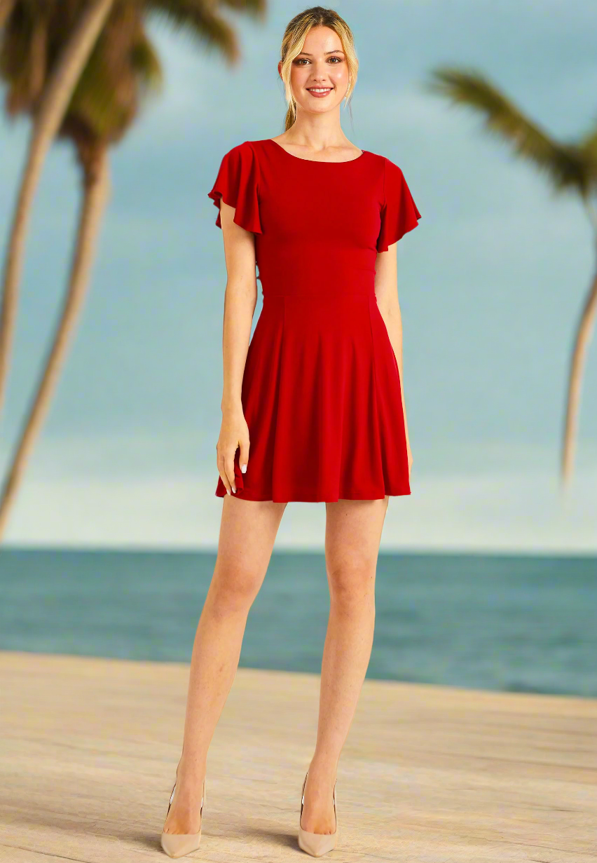 Reversible Mini Dress With Flutter Sleeves & Waist Tie In Red - jqwholesale.com