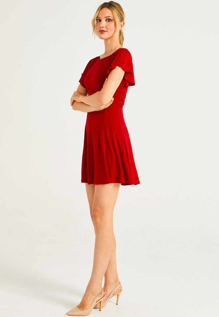 Reversible Mini Dress With Flutter Sleeves & Waist Tie In Red - jqwholesale.com