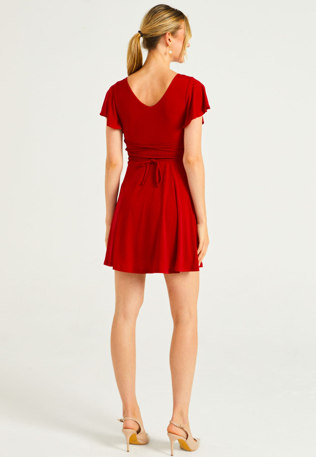 Reversible Mini Dress With Flutter Sleeves & Waist Tie In Red - jqwholesale.com