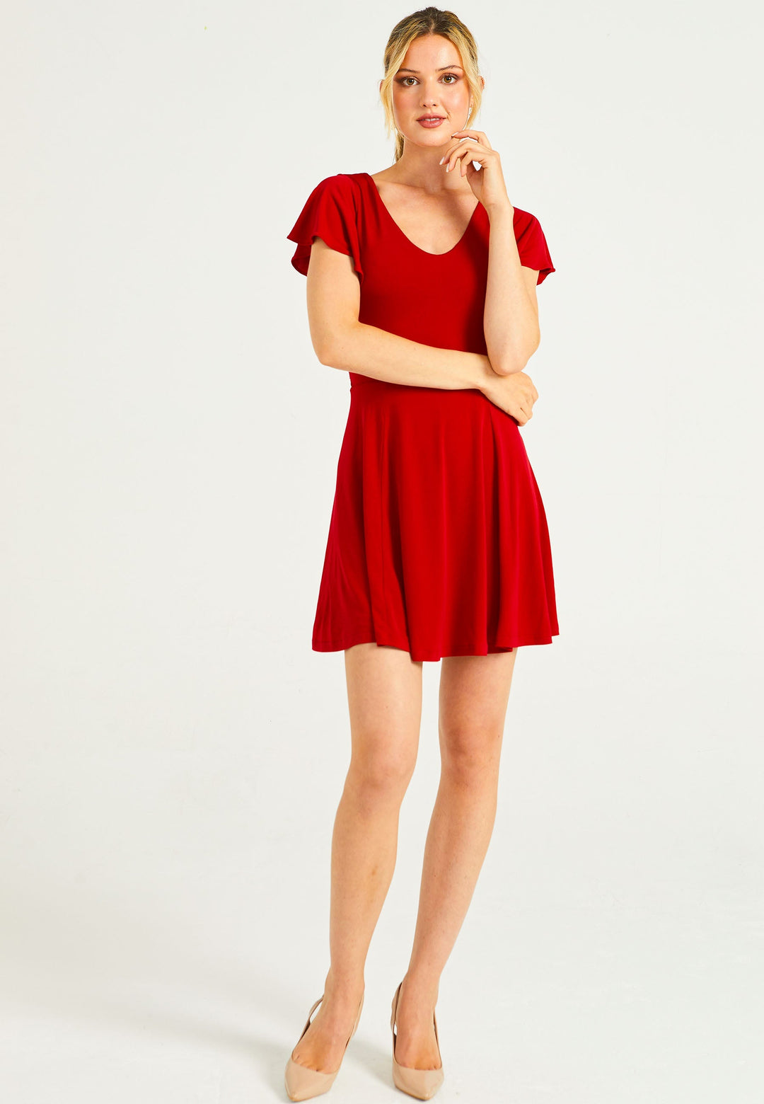 Reversible Mini Dress With Flutter Sleeves & Waist Tie In Red - jqwholesale.com